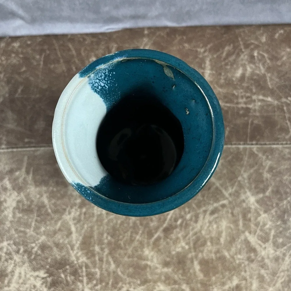 AMD Artisan Pottery Vase Small Teal Blue White Drip Glaze Coastal Decor Coastal